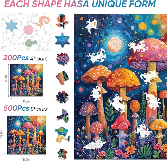 Wooden Puzzles for Adults, 500 Pieces Mushroom Wooden Jigsaw Puzzles for Adult and Kids, Wooden Puzzle Adults Creative Christmas Toy Gifts for Friends Family