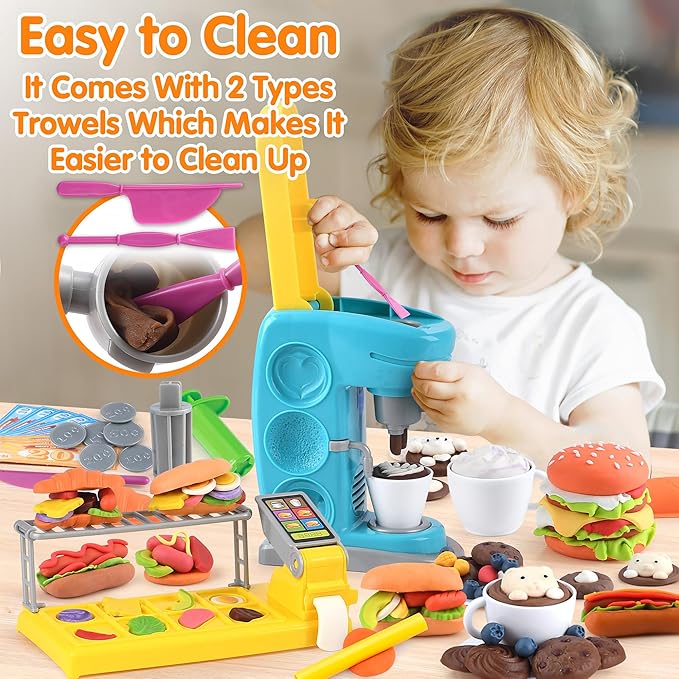 Color Dough Sets for Kids 2-4 4-8, Play Kitchen Creation Cafe Dough Toy Sets, Color Dough Tools, Coffee Maker Set Dough, Arts and Crafts Clay for Girls Boys, 8 Cans of Modeling Compound