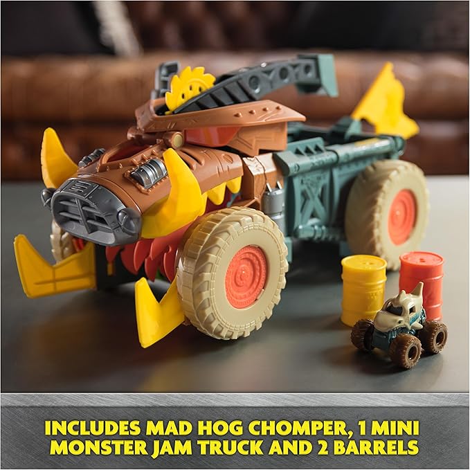 Monster Jam Mini Jam, Megalodon Mad Hog Chomper and Monster Truck, Fun Cleanup and Storage, Kids Toy Gifts for Boys and Girls Ages 3 and Up