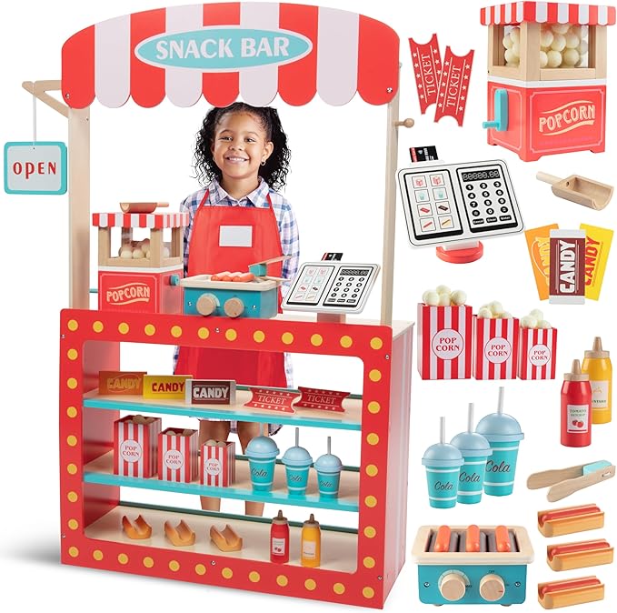 Movie Theatre Snack Bar Wooden Playset - Pretend Concession Stand Fun- Full Set w Popcorn Machine Hot Dogs Candy Bars Sodas Cash Register Credit Card- Kids Play Food Activity Center for Daycare & More