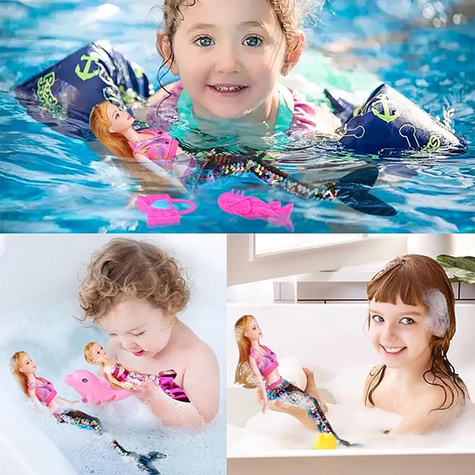Magical Mermaid Dolls Set for Girls 4-7 - Princess Twin Dolls with Color-Changing Purple Dolphin, Summer Outfits & Sparkling Accessories (Crown, Flip Scales, Starfish Comb) Water Play Birthday Gift