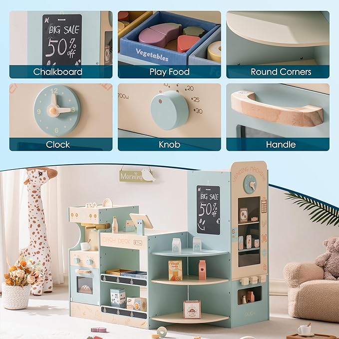 ROBUD Grocery Store Playset, Kids Play Store, Wooden Supermarket Playset with Cash Register, Chalkboard, Vending Machine, Coffee Machine, Oven, Play Food Accessories, Gift for Boys Girls 3+