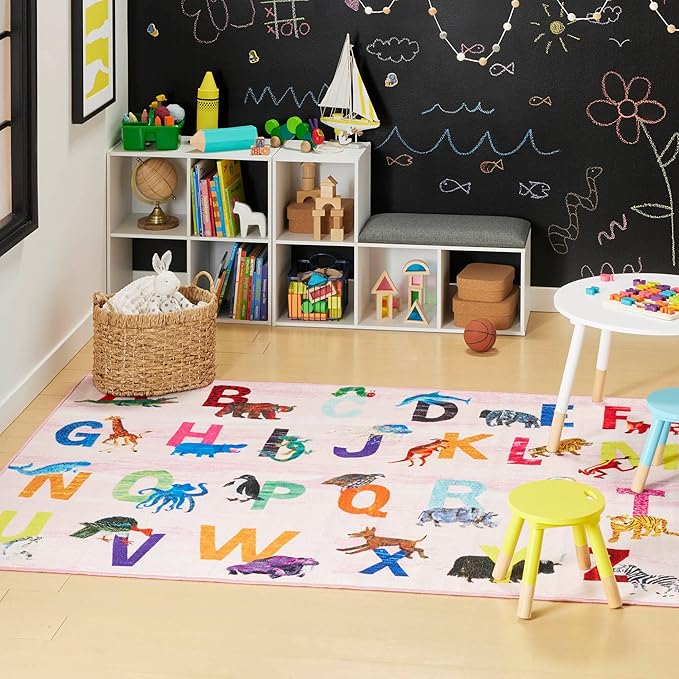 Eric Carle Elementary Pink Alphabet Kids Machine Washable Area Rug Pink/Blue, 4'11"x6'6"
