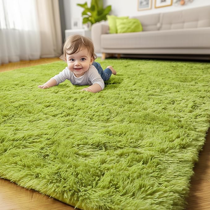Amdrebio Grass Green Rugs 5x8 for Bedroom Living Room, Fluffy Shag Plush Area Rug for Kids Room Baby Nursery Decor, Modern Fuzzy Floor Furry Cool Shaggy Fuzzy Moss Carpet for Office Dorm Playroom