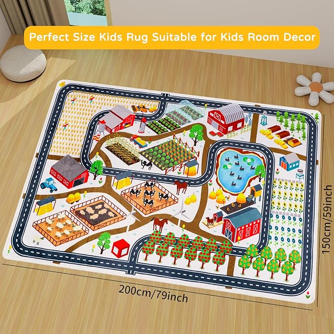 Kids Rug Play Mat for Toy Cars, 59"×78.7" Farm Life Road Traffic for Playroom Kids Car Road Rugs Village Map Play Mat Non-Slip Washable Play Rug for Toddlers Boys Room Family Tummy Time Playtime White