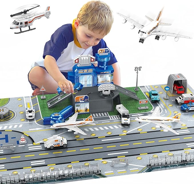 Airplane Toy Set - Airport Playset for Toddlers with Trucks,Planes, Helicopter, Signs and Fabric Airport Playmat, Interactive Early Learning Toys Birthday Gift for Boys and Girls Age 2 3 4 5+