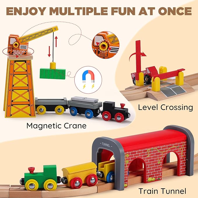 SainSmart Jr. 112-Piece Wooden Train Set for Toddler – Double-Sided Train Tracks, Compatible with Brio, Thomas, Melissa & Doug – Perfect Wood Toy for Boys and Girls