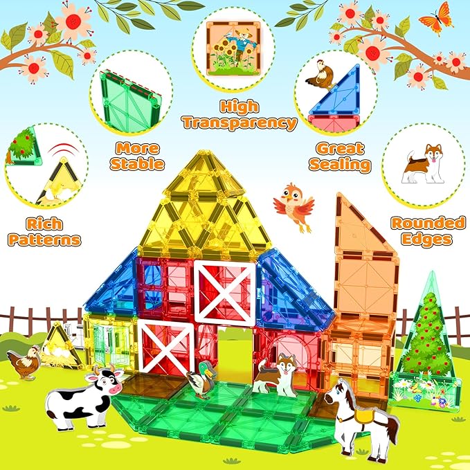 Magnetic Tiles Toys with Farm Animals for 3+ Year Old Toddler, Magnetic Blocks Building Toys for Kids Ages 3-5 5-7 Girls Boys, Classroom Must Haves