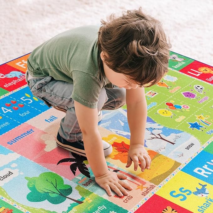 ABC Kids Rug for Playroom, 3x5 Washable Classroom Area Rugs, Toddler Educational Play Mat with Alphabet Numbers Seasons Shapes, Learning Fun for Preschool Children, Colorful
