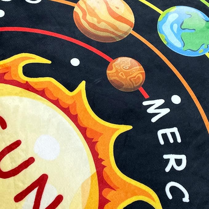 Cinbloo Space Rug for Kids Room Galaxy Solar System Area Round Mat for Boys Bedroom Educational Learning Planet Black Nursery Playroom Classroom Soft Floor Carpet (Black, 36"x36")