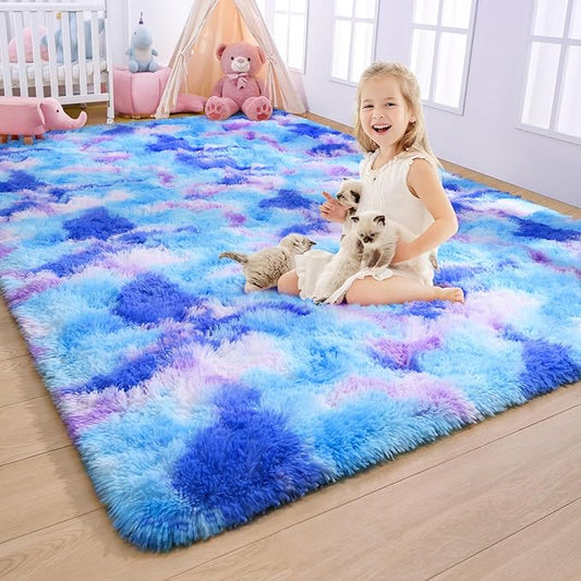 AROGAN Soft Rainbow Area Rugs for Girls Room 4x6 Feet, Fluffy Cute Colorful Princess Carpet for Kids Teens Nursery Toddler,Bedroom Blue and Purple