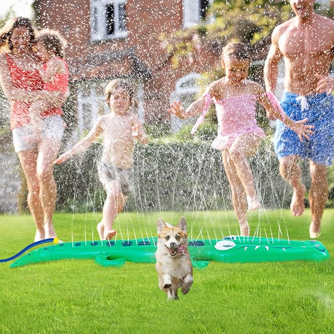 96" x 13" Extra Large Crocodile Sprinkler for Kids - Outdoor Toys Kids Toddler Water Sprinkler for Yard, Attaches to Garden Hose, Durable Inflatable Splashing Fun Toys for Garden Lawn