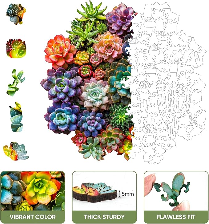 Succulent Wooden Puzzles for Adults, 500 Piece Unique Shaped Wood Jigsaw Puzzles for Adults and Kids, Fun Challenging Puzzles Family Game Gift, Medium 16.9'' x 16.5''