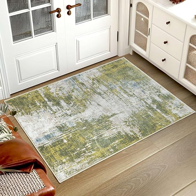 Entrance Rugs Indoor 2x3 Green Entry Rug Washable Abstract Small Area Rug Non-Slip Low Pile Throw Rugs for Entryway, Kitchen Floor, Front Door Indoor Door Mat, Bedroom Bedside