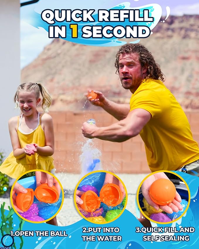 Upgraded Model SOPPYCID 12PCS Reusable Water Balloons - Quick Fill Water Balls Toys For Toddler Age 4-8 - Refillable Magnetic Self-Sealing Water Splash Bomb For Summer Party Pool Toys