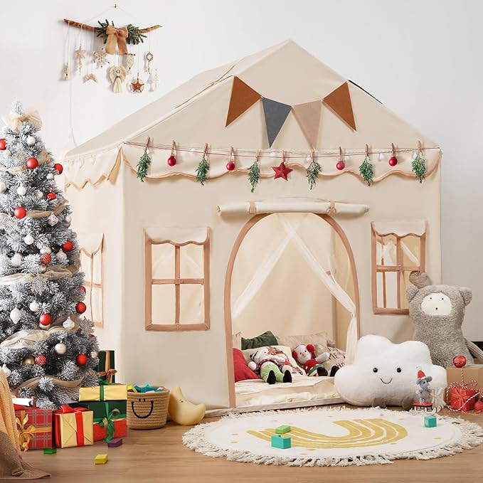 besrey Kids Tent, Kids Playhouse 2 in 1 with Padded Mat and Lights, Large Play Tent with 2 Doors & 4 Windows, Kids Play Tent Indoor & Outdoor, Christmas Toddler Tent for Kids, 51" x35" x 51"