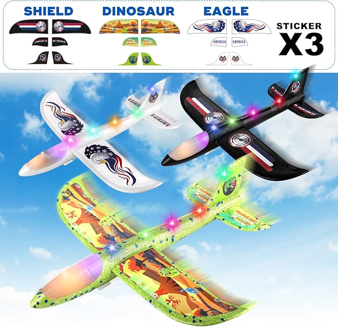 3 Pack Airplane Launcher Toys, 12.6" Foam 2 Flight Mode Led Plane Catapult Boy Toys, Easter Gifts for Kids, Outdoor Flying Toys for Kids Gifts for 4 5 6 7 8 9 10 12 Year Old Boys Girls