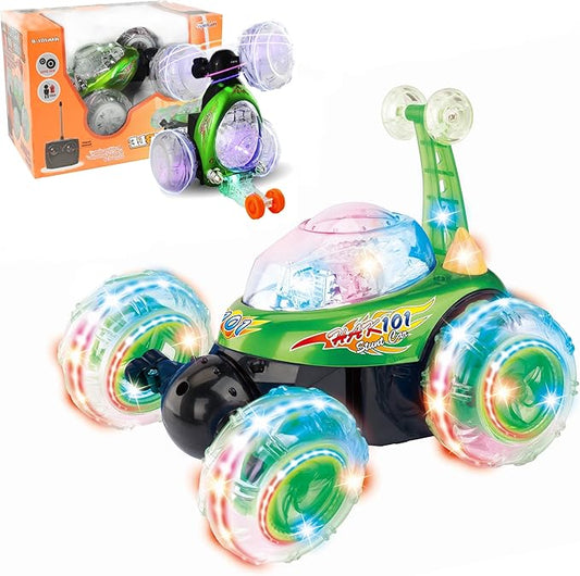 Rechargeable RC Tornado Stunt Car – 360° Flip Remote Control Turbo Twister Vehicle with Lights & Music | Double-Sided Spinning Car Toy for Toddlers Kids Boys Girls (Green)