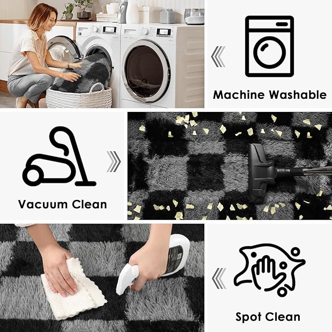 KICMOR Area Rugs for Bedroom, Black and Grey Fluffy Shag Soft 3x5 Checkered Small Living Room Carpet, Indoor Fuzzy Shaggy Plush Rug for Kids Boys Girls Teen Dorm Nursery Bedside Home Decor Aesthetic