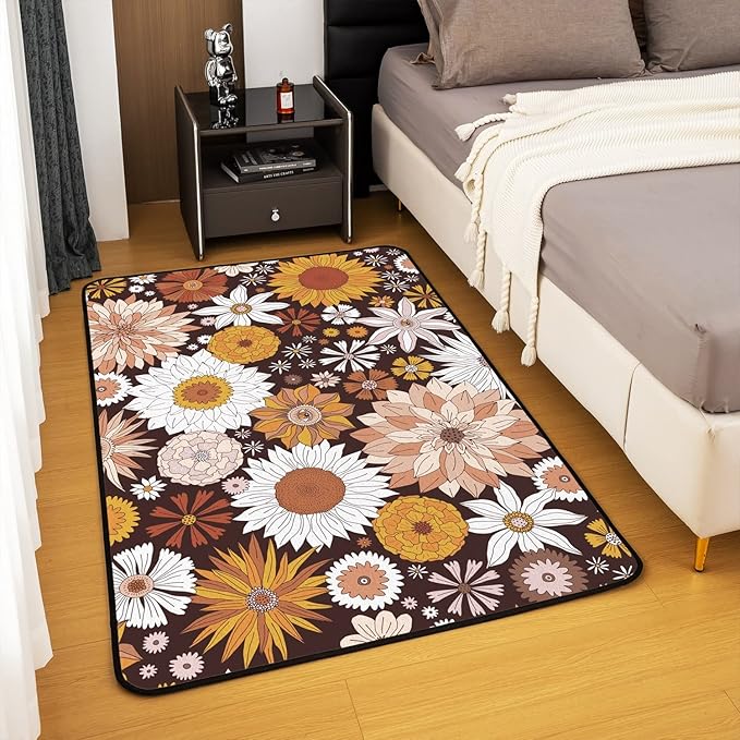 Bohemian Fall Floral Rug 5'x6'6'' Retro Groovy Flower Power Area Rug Boho Eyes Hippie Carpet for Teen Girls Adults Women Garden Sunflower Daisy Vintage Non Slip Decorative Rug for Bedside