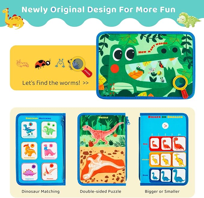 Busy Board Montessori Toys for 3 4 Year Old Boys & Girls Birthday Gifts, Educational Activity Sensory Board Preschool Learning Toys for Toddlers, Travel Toys for Airplane Car (Dinosaur)