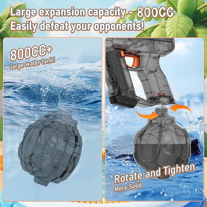 Electric Water Gun for Kids Adults, Transparent Automatic Squirt Gun with 30-32 FT Long Range, Summer Outdoor Beach Swimming Pool Party Toys for Boys Girls Adults (Black)