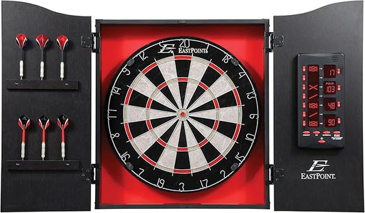 EastPoint Sports Tournament Bristle Dartboard and Easy Hang Cabinet with Electronic Scoreboard and 6 Steel Tip Darts