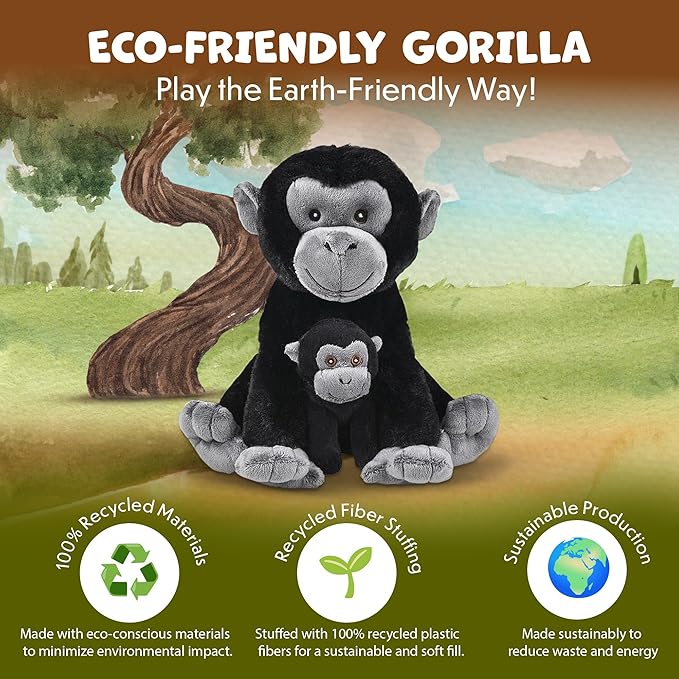 Mom and Baby Stuffed Animals for Boys & Girls, Safari Baby Shower Decorations, Nursery Decor, Zoo Animals for Toddlers, Quality Realistic Toys for Kids, Cute, Soft, Huggable, Squeezable (9.5" Gorilla)