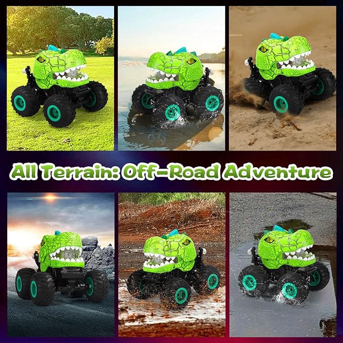 GEVINST Dinosaur Toys for Kids 5-7, RC Dinosaur Truck with Light Spray and Music, Christmas Birthday Gifts Toys for Ages 3 4 5-7 and up, All Terrain Off-Road Remote Control Cars