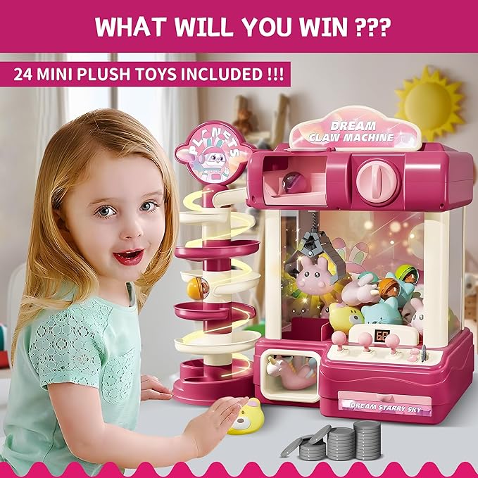 Large Claw Machine for Kids – Pink Dream Vending Machine Toy with Capsule Slide, Plush Toys, Lights & Music, Girls Claw Game Machine with USB & Coins, Birthday Gift for 6 7 9 10 12 Years Old
