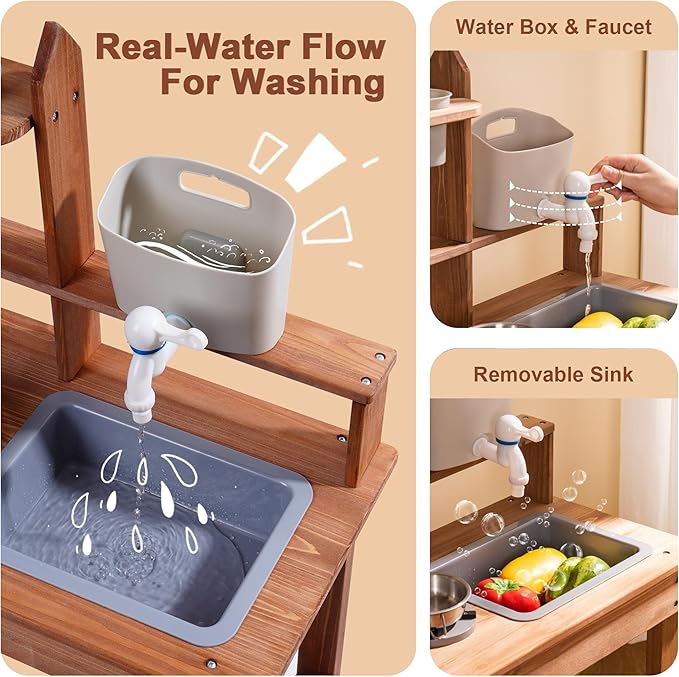 ROBUD Mud Kitchen for Kids Outdoor, Wooden Outdoor Play Kitchen, Kids Mud Kitchen with Removable Sink & Faucet, Monteeori Toys for Children Ages 3+ Years, WG404