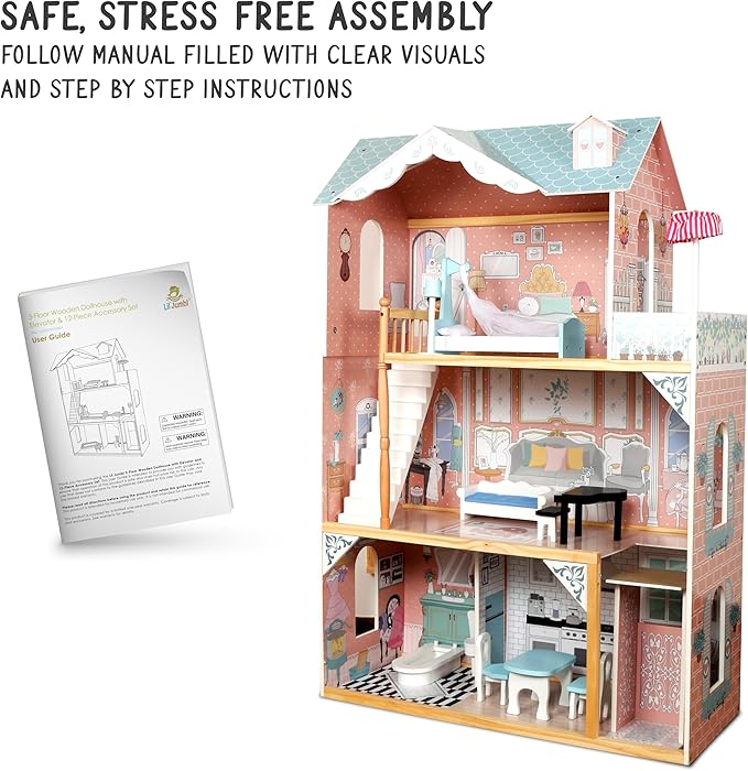 Lil' Jumbl Kids Wooden Dollhouse with Elevator, Balcony & Stairs, Accessories & Furniture Included, 3 Story Easy to Assemble Blue Dollhouse Toy - X-Large