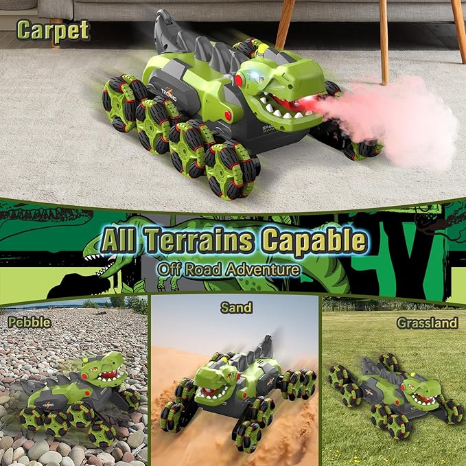 Dinosaur Remote Control Car - 8WD RC Toys for 4 5 6 7 8 Year Old Boys, 2.4Ghz RC Transform Stunt Monster Car with 360°Rotating/Spray/Roar, Birthday Xmas Gifts for Kids Age 4-6 5-7 8-12