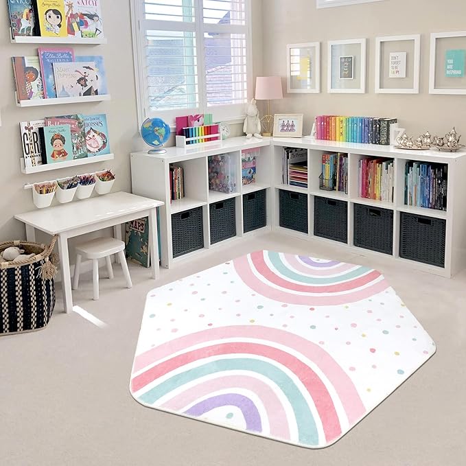 STARUIA Pink Rainbow Hexagon Kids Rug - 55"x47" Washable, Non-Slip, Ultra Soft Play Carpet for Playroom, Bedroom, Classroom, Dorm