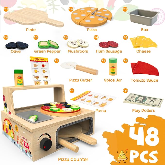 Wooden Pizza Toy - 48 PCS Montessori Pretend Play Food for Ages 3+, Educational Learning Toy Wooden Playset with Bake Oven, Christmas Birthday Gift for 3 4 5 6 Year Old