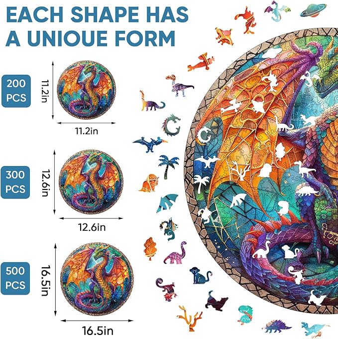 Wooden Puzzles for Adults, Winged Dinosaur Puzzle Color Challenge Jigsaw Puzzles 300 Piece Royal,12x12.6 in Thickened Unique Shapes Family Reunion Puzzle, Best Gift for Adults and Kids, Family Game
