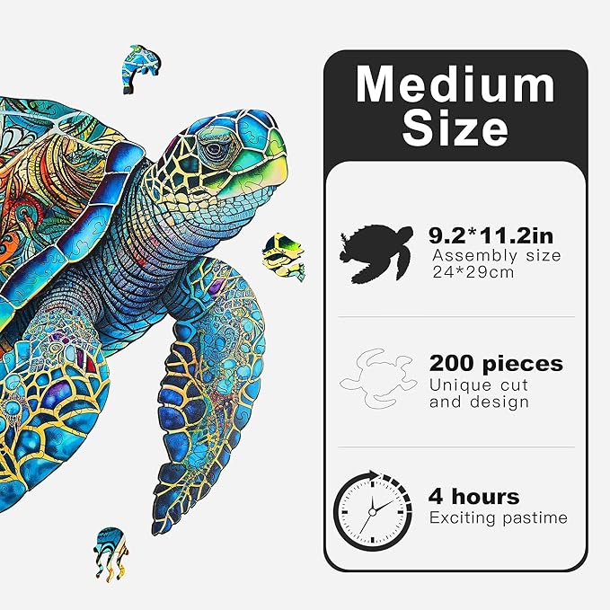 Wooden Puzzles, Sea Turtle Jigsaw Puzzles 200 Pieces, Unique Shaped Wooden Puzzle for Adults and Kids, Birthday Gift Family Game 9.2 x 11.2 Inch