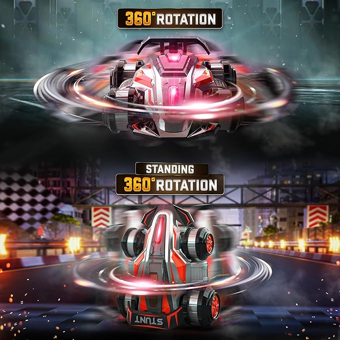 BEZGAR Upgraded Remote Control Cars for Boys Age 4-7 - 360 Spin Rotating Fast RC Toy, 4WD Upright Walking Rc Stunt Car with LED Lights Music, 2.4Ghz Indoor/Outdoor All Terrain Rechargeable Cars(Red)