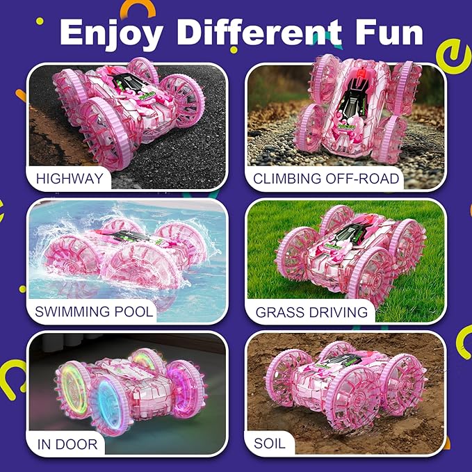 Amphibious Remote Control Car, 4WD Waterproof RC Cars Remote Control Boat Pool Toys for Girls 8-10, Gesture Sensing RC Stunt Car Lake Water Toy for Kids Ages 3 4 5 6 7 8-12 Birthday Gifts, Pink