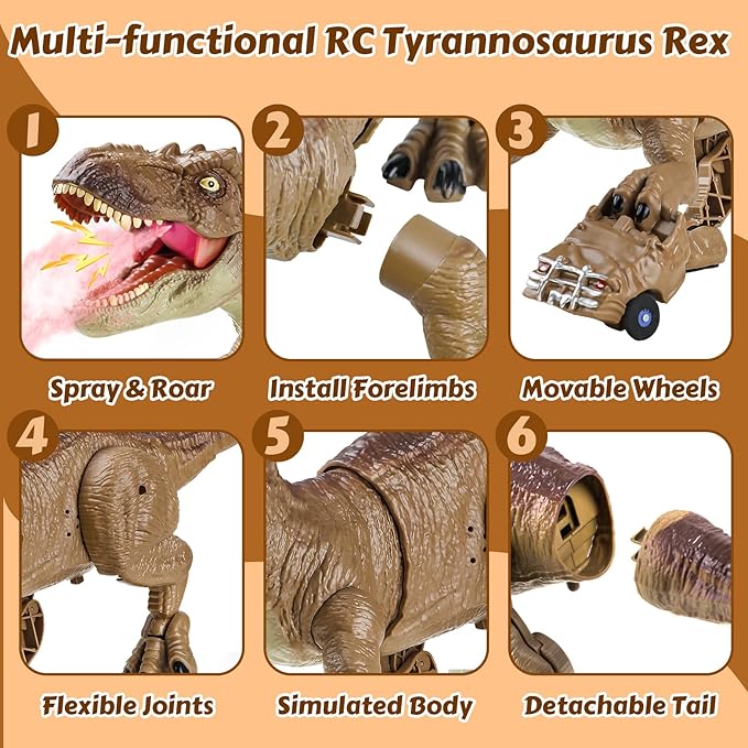 RC Tyrannosaurus Rex Dinosaur Toys for Kids 3-5, 5-7, 8-12, Remote Control T Rex Dino Robot Toy with Spray, Roar & Light, Birthday for 3 4 5 6 7 8 9 10 11 12 Year Old Boys (Brown)