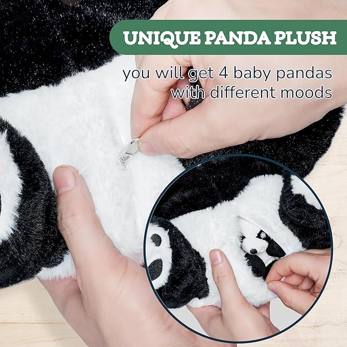 PixieCrush Panda Toys Stuffed Animal - Plush Mommy Panda with Zippered Belly and 4 Little Baby Pandas for Girls - White and Black Giant Stuffed Animal - Set of 5