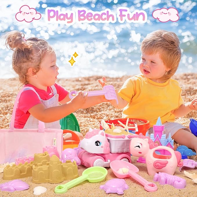 Tagitary Beach Toy Unicorn Sand Toys for Kids,Sand Castle Toys for Beach with Mesh Bag,Sand Shovels,Castle Sand Kits,Sifters,Unicorn Watering Can and Truck,Beach Essential Outdoor Toys for Kids