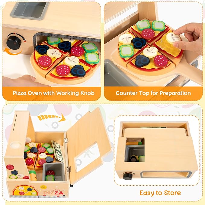 Wooden Pizza Toy - 48 PCS Montessori Pretend Play Food for Ages 3+, Educational Learning Toy Wooden Playset with Bake Oven, Christmas Birthday Gift for 3 4 5 6 Year Old