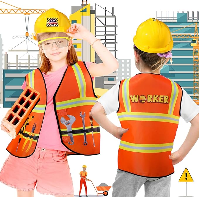 Handepo Construction Worker Costume Kids Hard Hat Construction Vest Goggles Toddler Dress Up Set Birthday Party Girls Boys(Yellow)