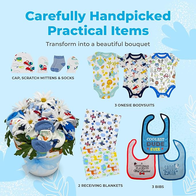 Deluxe Baby Blossom Clothing Bouquet | Newborn Baby Boy Gift Set | Unique Baby Gift Basket for Expecting Moms | New Baby Gift Basket | Blue Baby Gift Set | Baby Boy Outfits | Nikki's Gift Baskets
