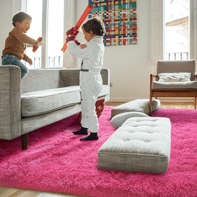 Amearea Shag Fluffy Area Rug for Bedroom Girls Living Room, Extra Soft and Fuzzy Shaggy Rugs, Non Slip, Solid Color Carpet Mat for Boys Nursery Home, Hot Pink 6x9 Feet