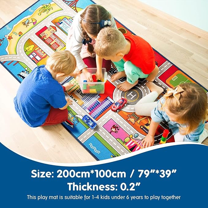 Booooom Jackson Kids Car Rug,Car Mat for Kids Toy Cars,Road Carpet Playmat Rug,Buildings Parking Helipad Printed on,Non-Slip Play Race Track Carpet for Play Room Bedroom