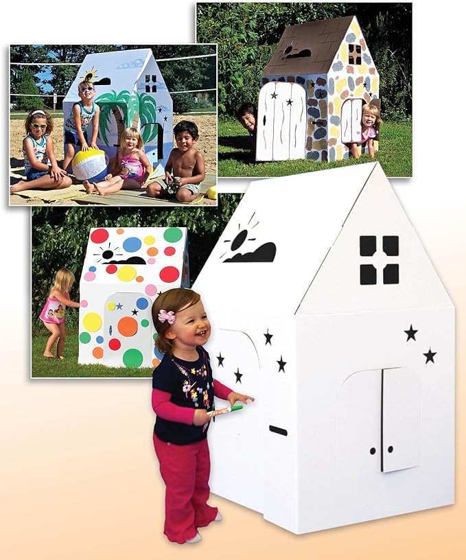 Easy Playhouse - Kids Art and Craft for Indoor and Outdoor Fun, Color, Draw, Doodle on this Blank Canvas – Decorate and Personalize a Cardboard Fort, 34" X 27" X 48" - Made in USA, Age 3+