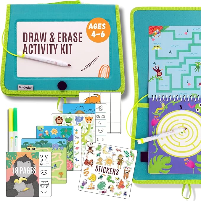 Kids Travel Educational Activity Book with Washable Markers - Car and Airplane Activities, Learning Toys for Toddlers- Search and Find, Reusable Stickers for Ages 4, 5, 6 (Jungle)