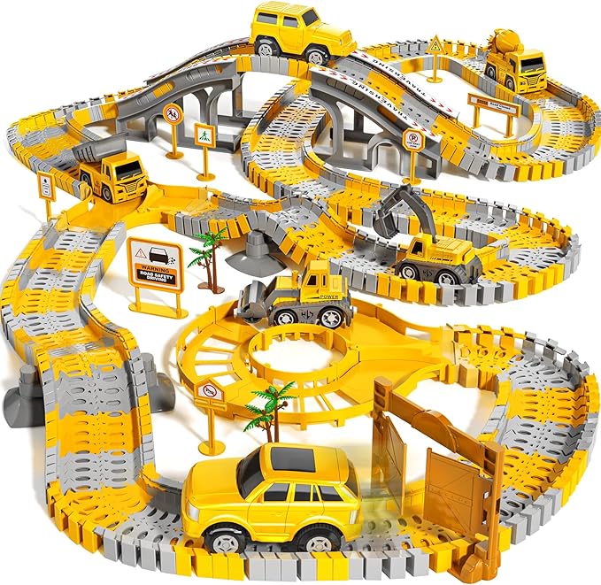200 Pieces Construction Car Racing Track Playset for Kid 3 4 5 6 7 8 Years Old - Flexible Engineering Railway, Electrical Toy Car for Boy 3-9, Birthday Gifts for Toddler 3-5